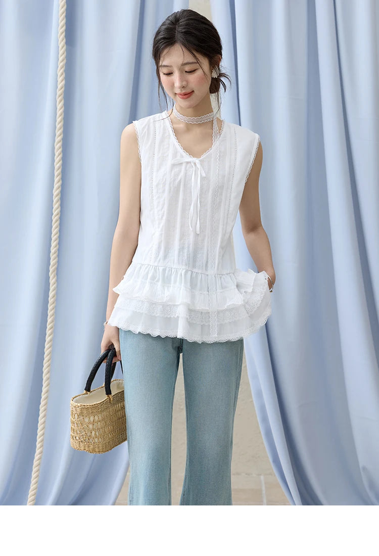 Mishow V-Neck Lace Cake Hem Tank Top MXE31X1779