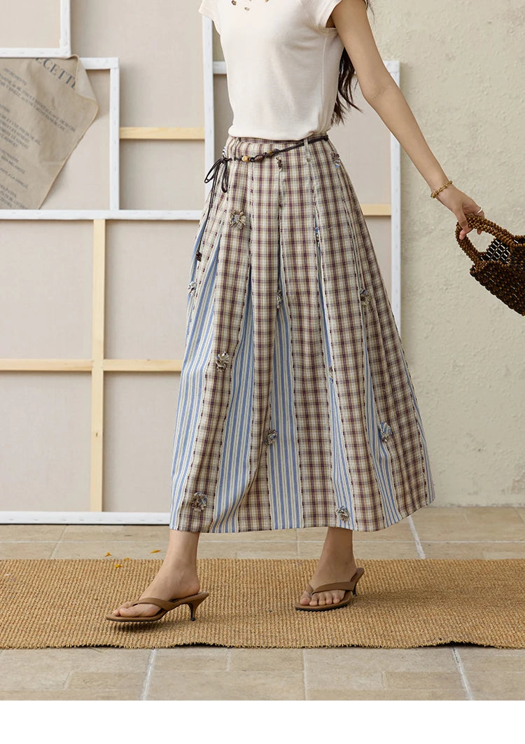 MISHOW Retro Plaid Patchwork Pleats Skirt A-LINE Slim MXE35B0726
