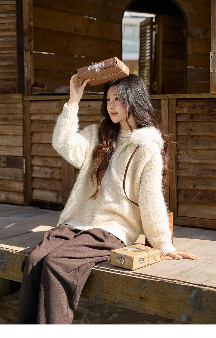 Mishow Beige Fur Hood Zipper Cardigan MXE94Z2963