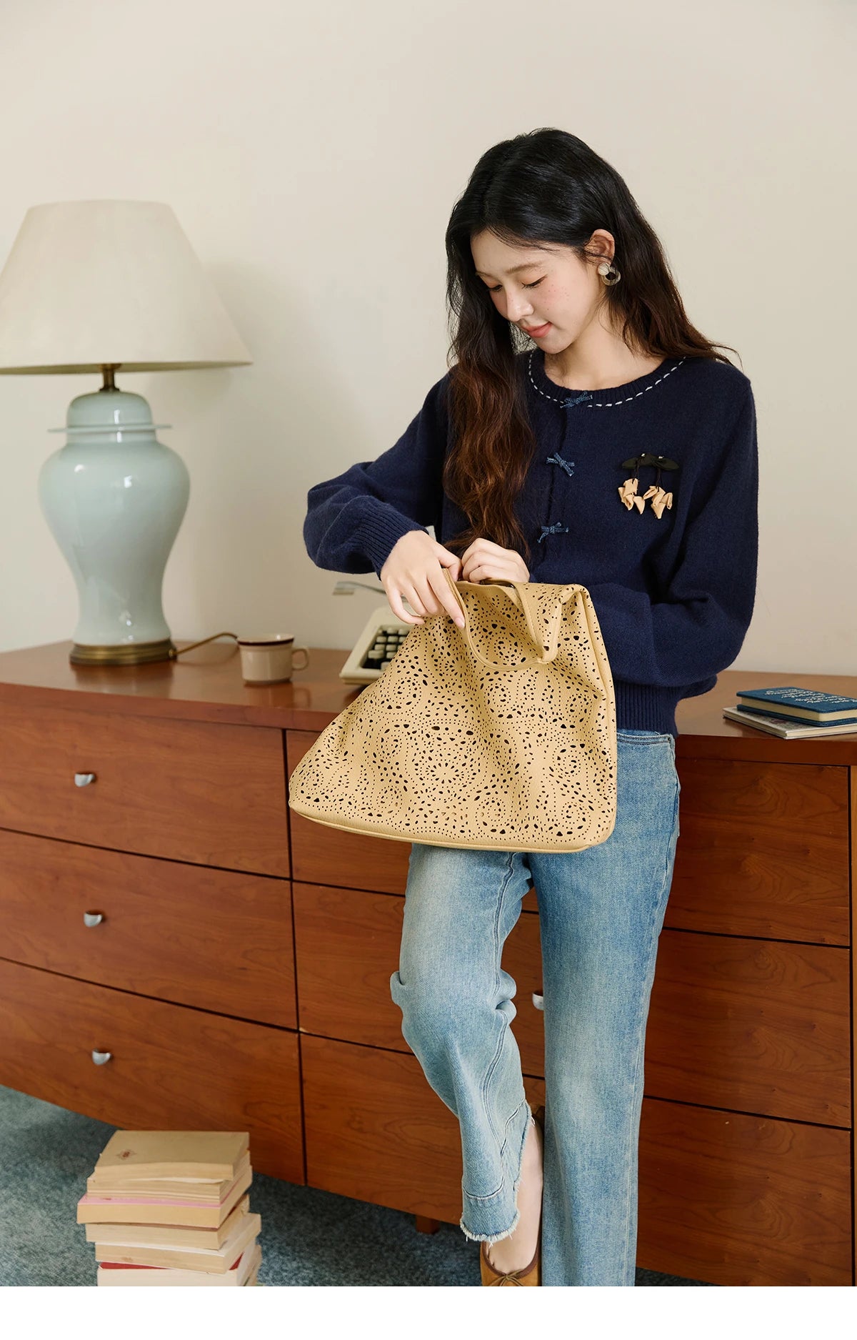 Mishow Bow Placket Lantern Sleeve Cardigan with Brooch MXE45Z1377