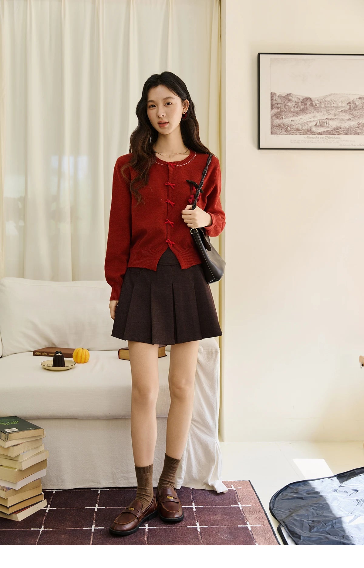 Mishow Bow Placket Lantern Sleeve Cardigan with Brooch MXE45Z1377