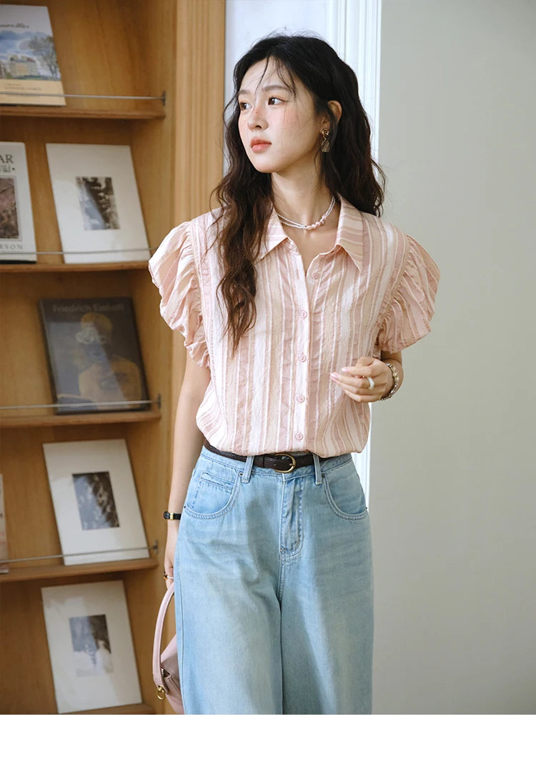 MISHOW Pink Turn-Down Collar Shirt Flower Bud Sleeve Striped MXD24C0204