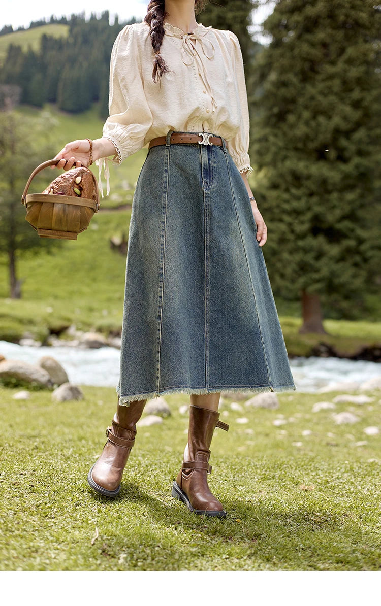 MISHOW Washed Hem Fringed Denim Midi Skirt A-Line Retro MXD41B0453