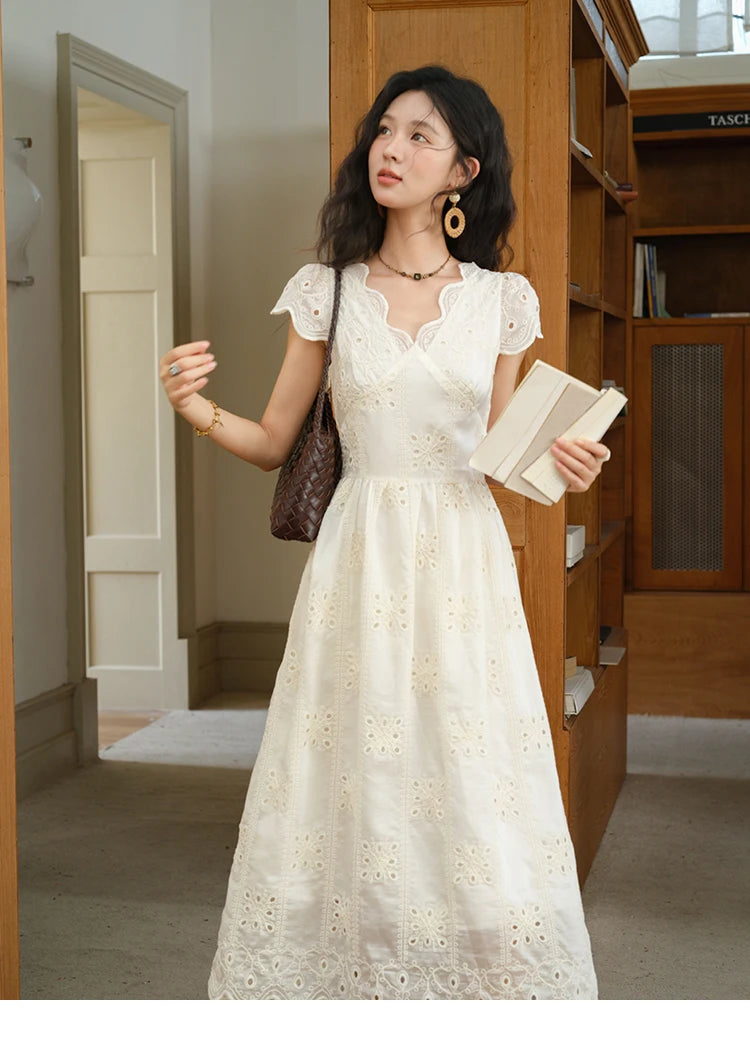 Mishow Flying Sleeve V-Neck Hollow Embroidered Dress MXE39L2404