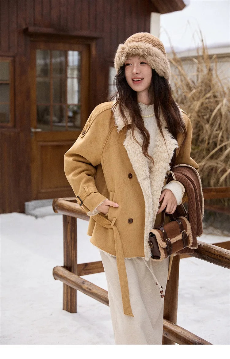 MISHOW Suede Lambskin Fleece Coat Double Breasted Windproof MXE86W0907