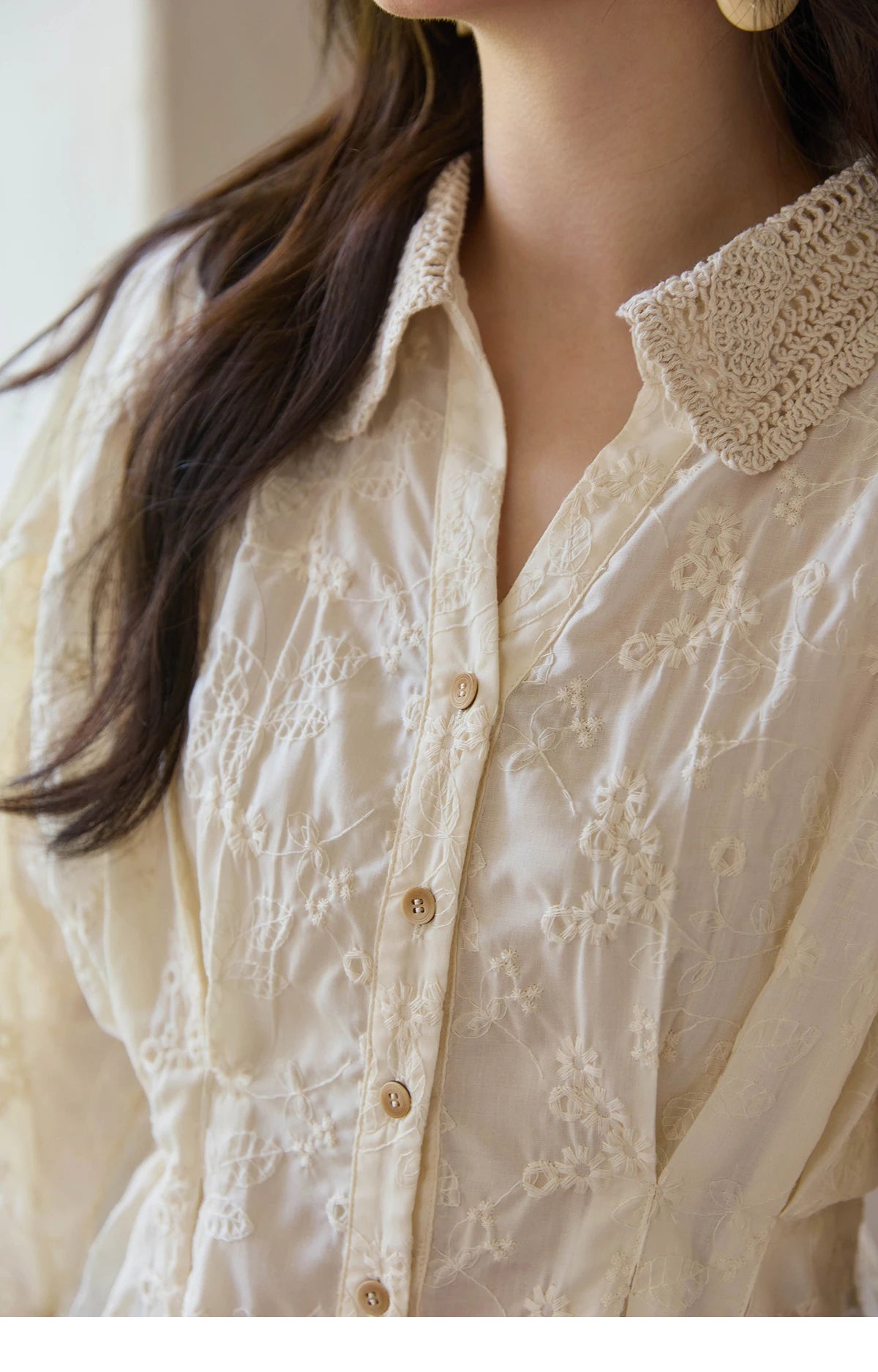 MISHOW French Lace Blouse Lantern Sleeve Ruffle Hem MXE42C2372