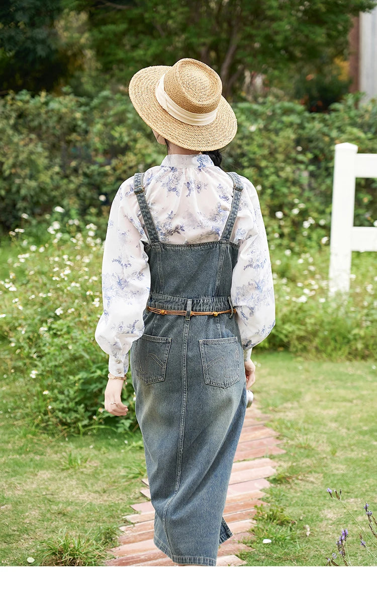 MISHOW Retro Denim Strap Pocket Midi Dress MXD14L1817