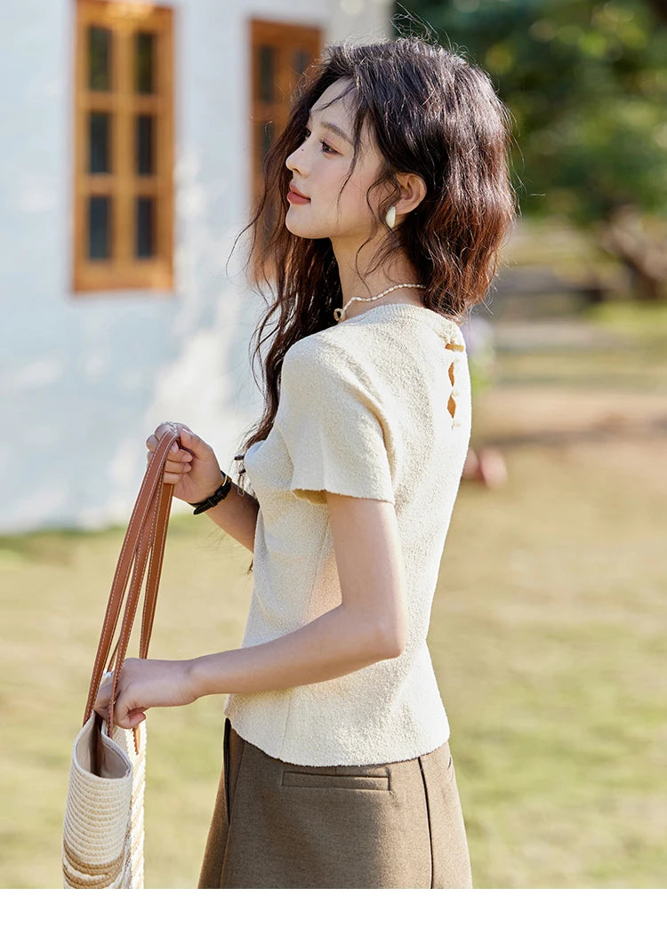 Mishow Back Hollow Pearl Button Knit Tee MXE13Z1072