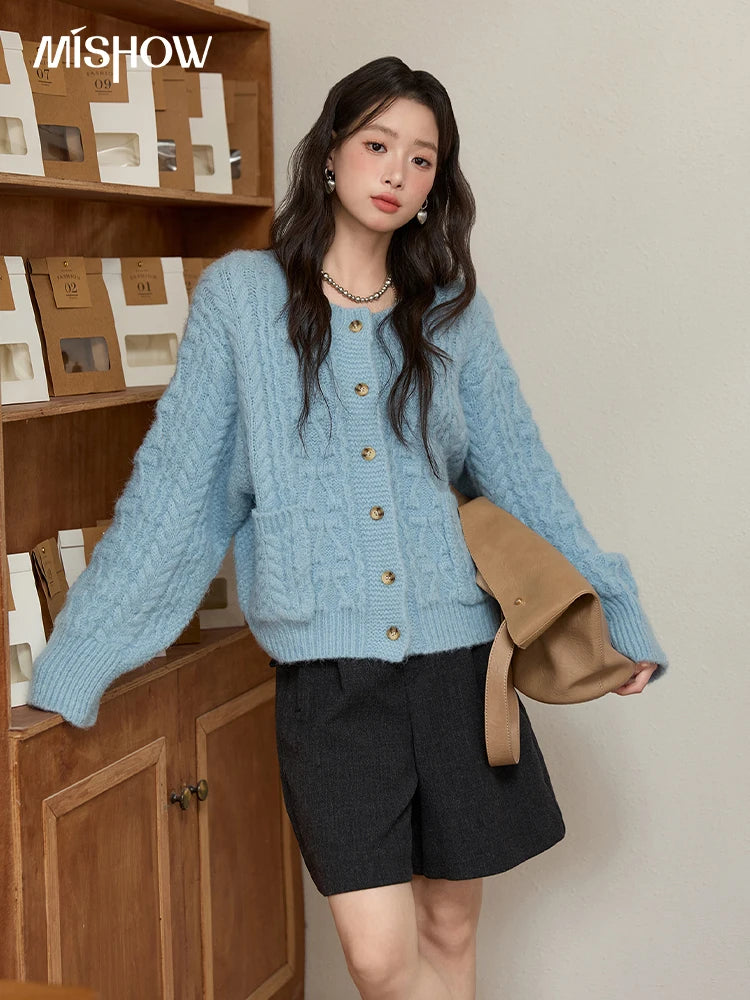 Mishow Light Blue Retro Crew Neck Pocket Cardigan MXE49Z2614