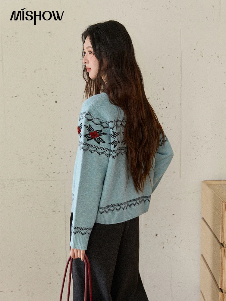 Mishow Blue Geometric Fair Isle Cardigan MXE86Z2734