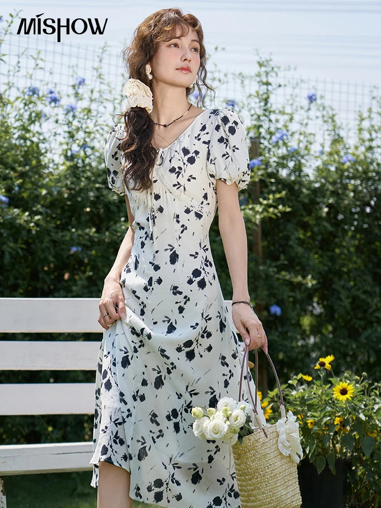 Mishow Lace-Up U-Neck Bubble Sleeve Floral Dress MXD14L1765