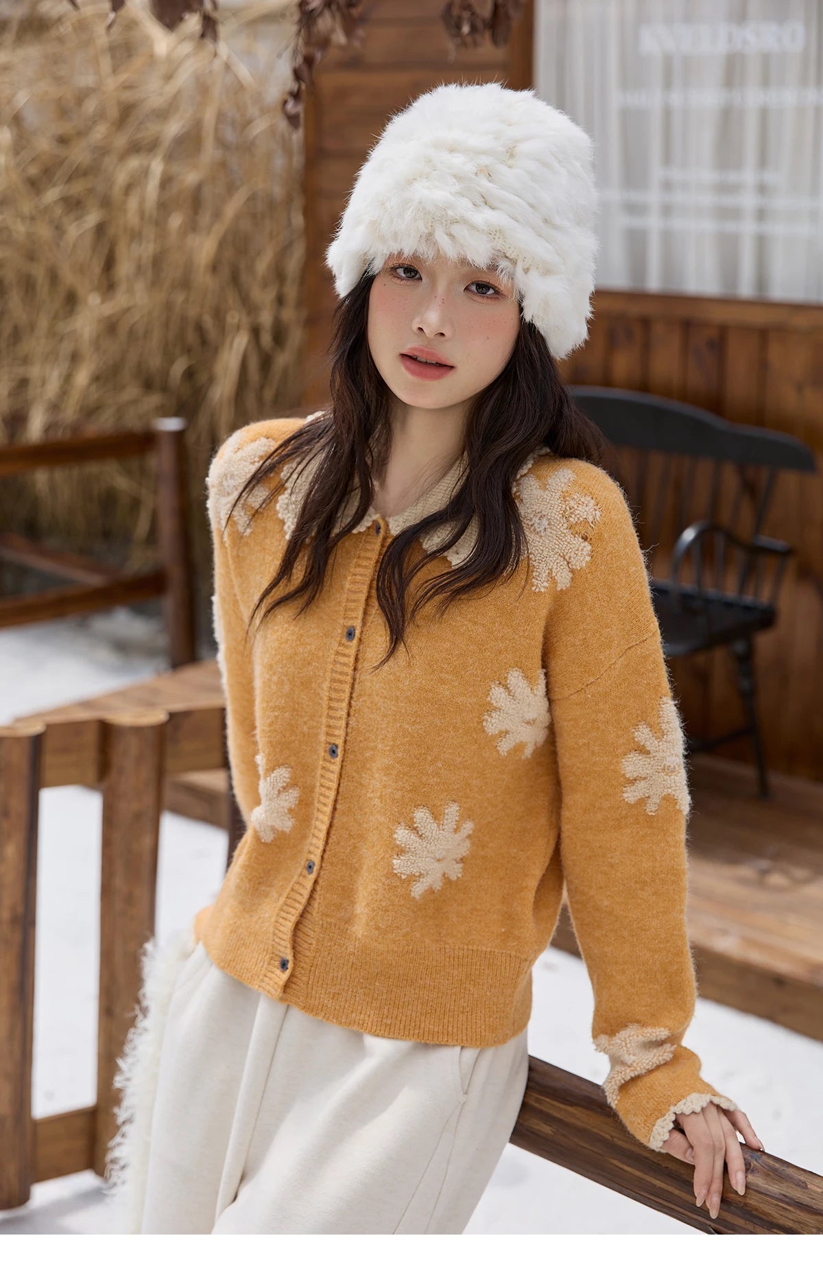Mishow Yellow Retro Jacquard Turn-Down Collar Cardigan MXE88Z2691