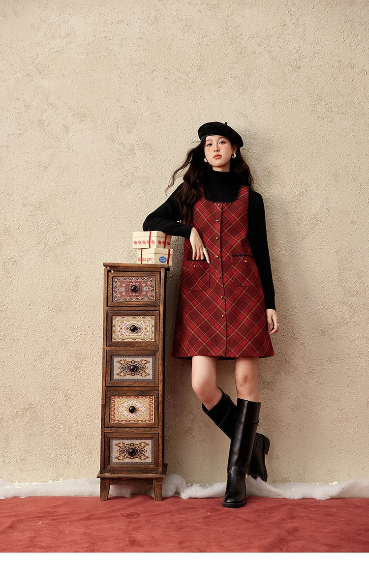 Mishow Plaid Square Neck Woolen Vest Dress MXD58L2078