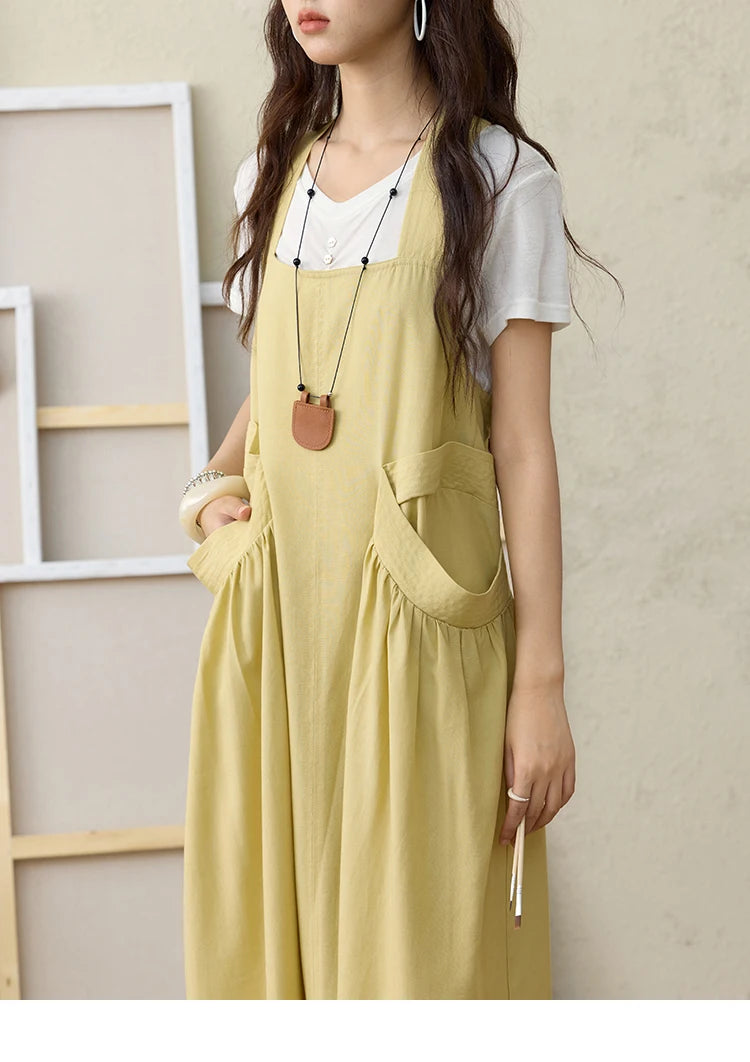 Mishow Lemon-Yellow Cargo Pocket Square Neck Dress MXE35L2302