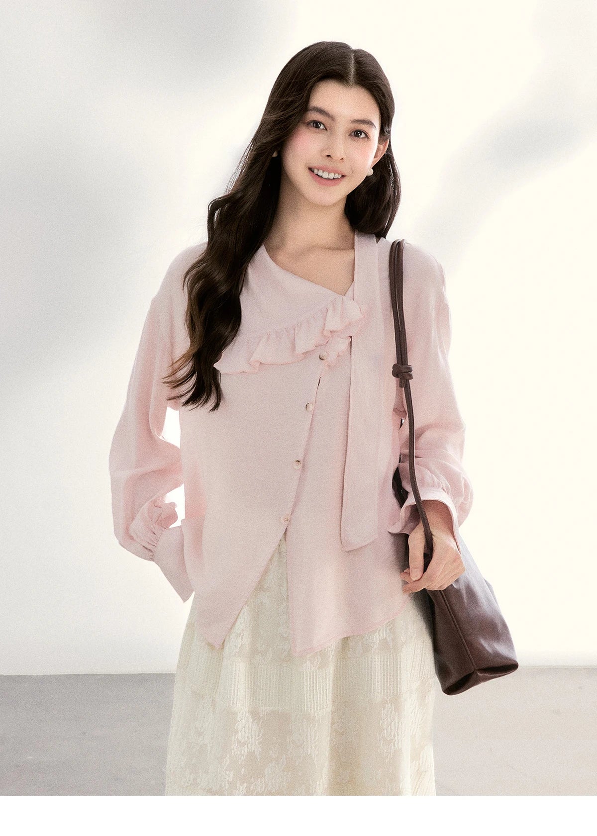 MISHOW Pink Asymmetrical Ruffled Collar Blouse Puff Sleeve MXF11X2520