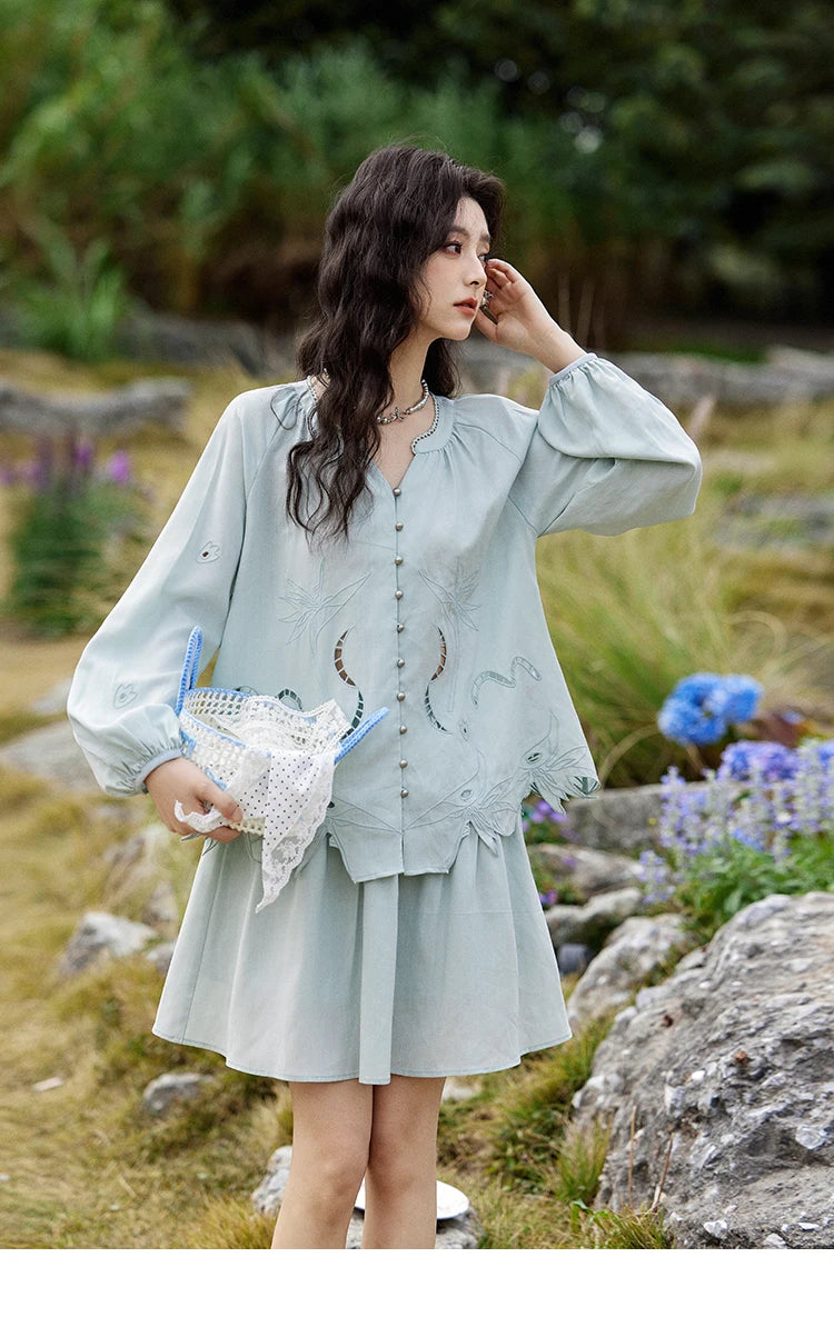 Mishow Vintage Hollow Embroidery Blouse & Solid A-Line Skirt Set MXE12T0455