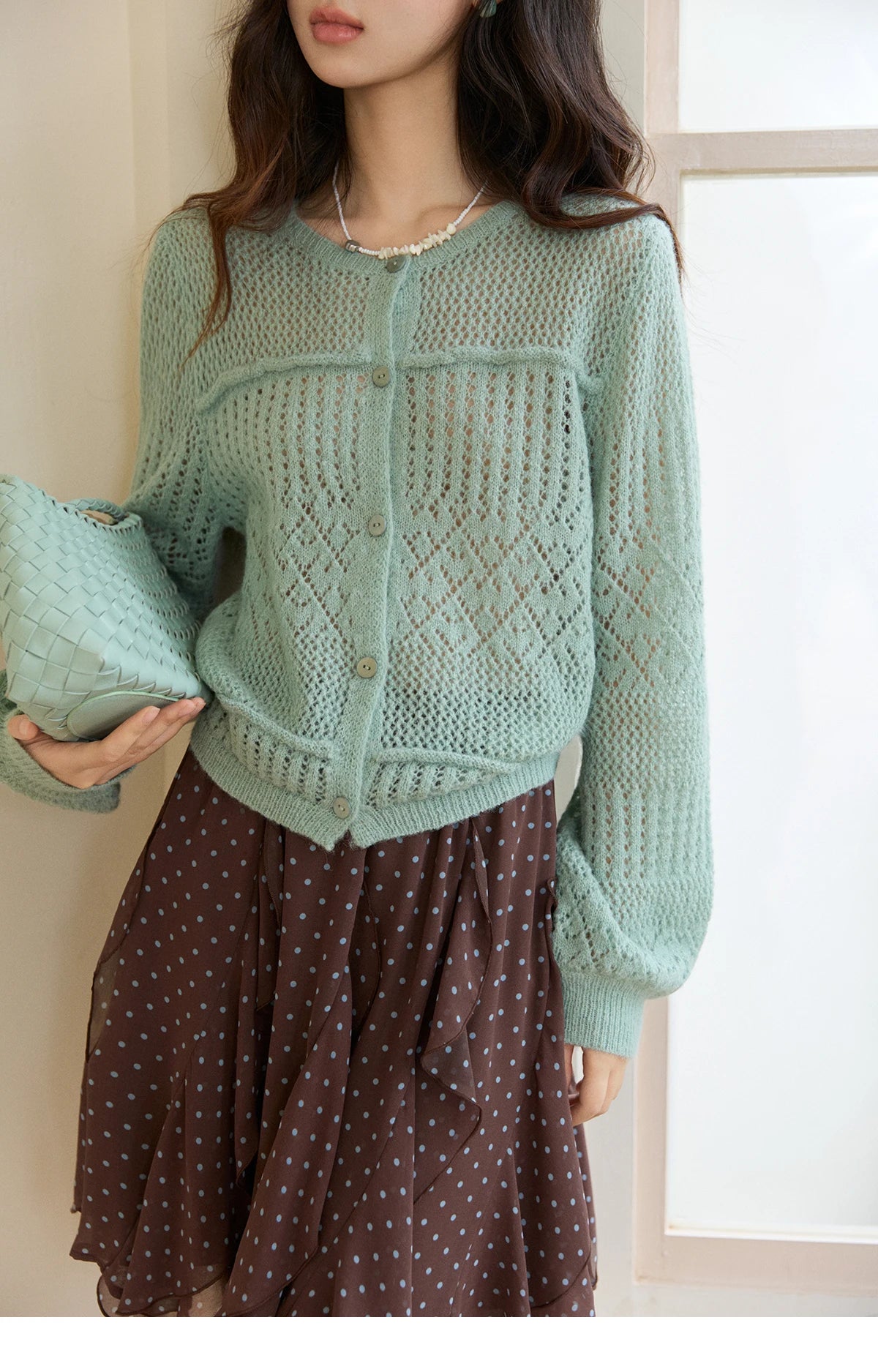 Mishow Mint Green Crew Neck Hollow Cardigan MXF108Z1046