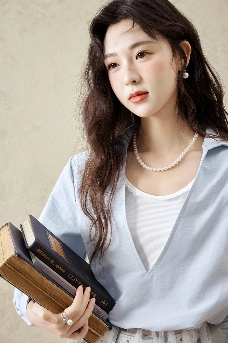 MISHOW French Fake Two-Piece Blouse Turn-Down Collar Lace Splicing MXE16C0783