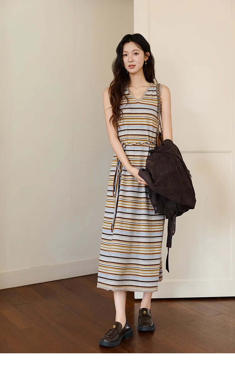 Mishow Striped V-Neck Tied Waist Long Dress MXE46L2521
