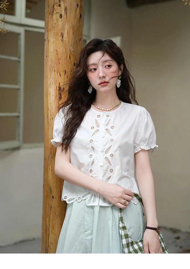 MISHOW 100% Cotton Hollow Embroidery Round Neck Puff Sleeve MXE39X1938