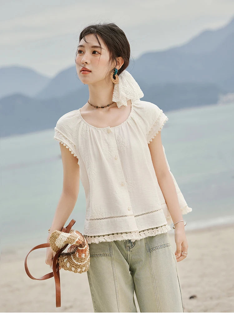 MISHOW Embroidered French Shirt Round Neck Short Sleeve MXE33X1744