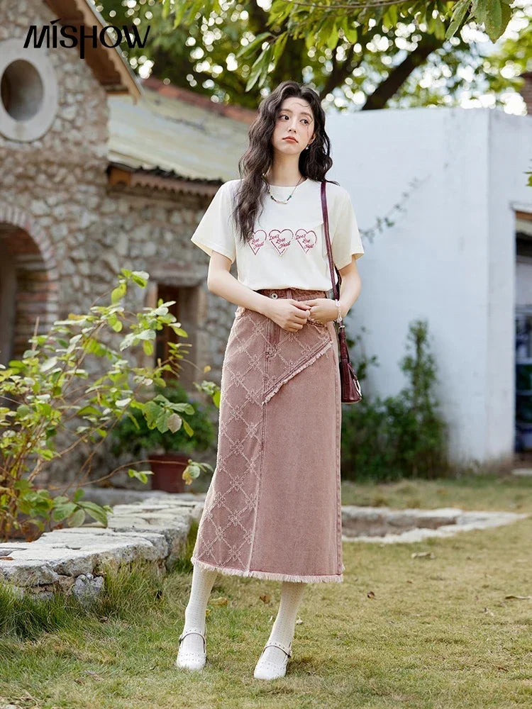 Mishow Apricot Heart Print Positive Shoulder Tee MXE11T0491