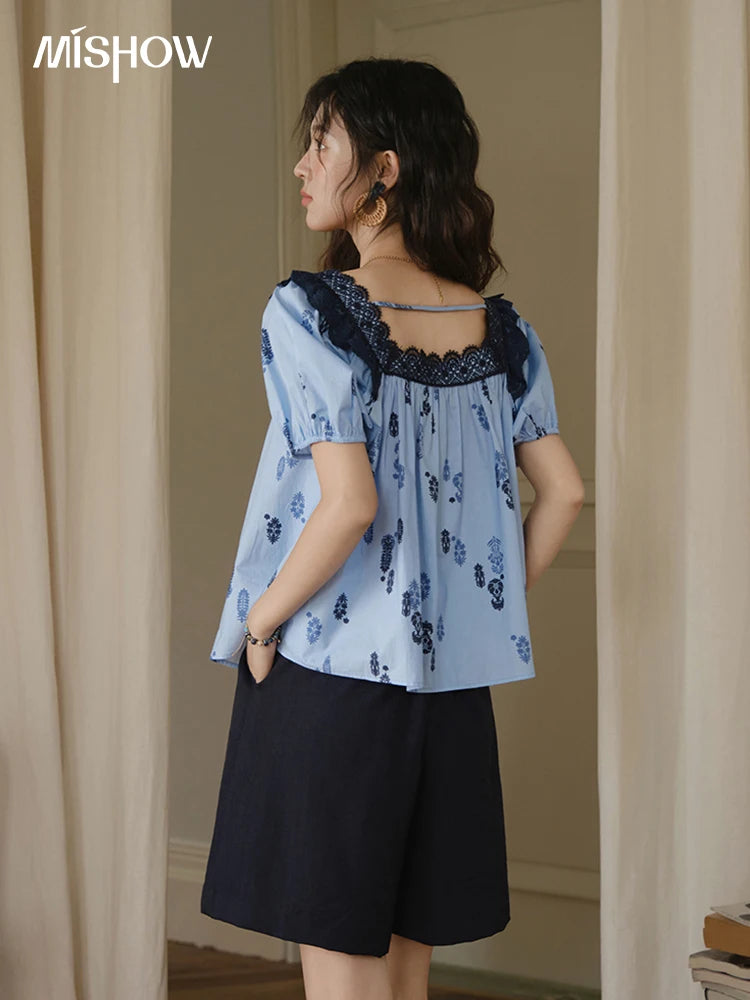 MISHOW Print Cotton Shirt Puff Sleeve Lace Splicing MXE35X1842