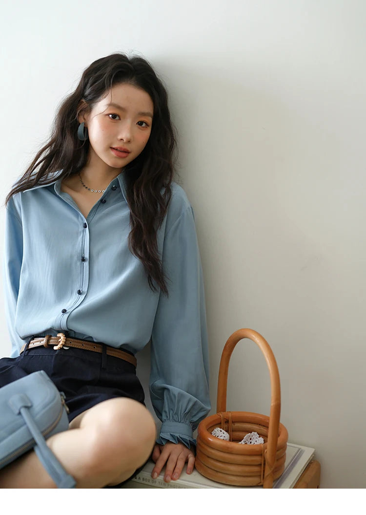 MISHOW Women's Color Block Shirt Pleated Cuffs Lapel Top MXE41C2352