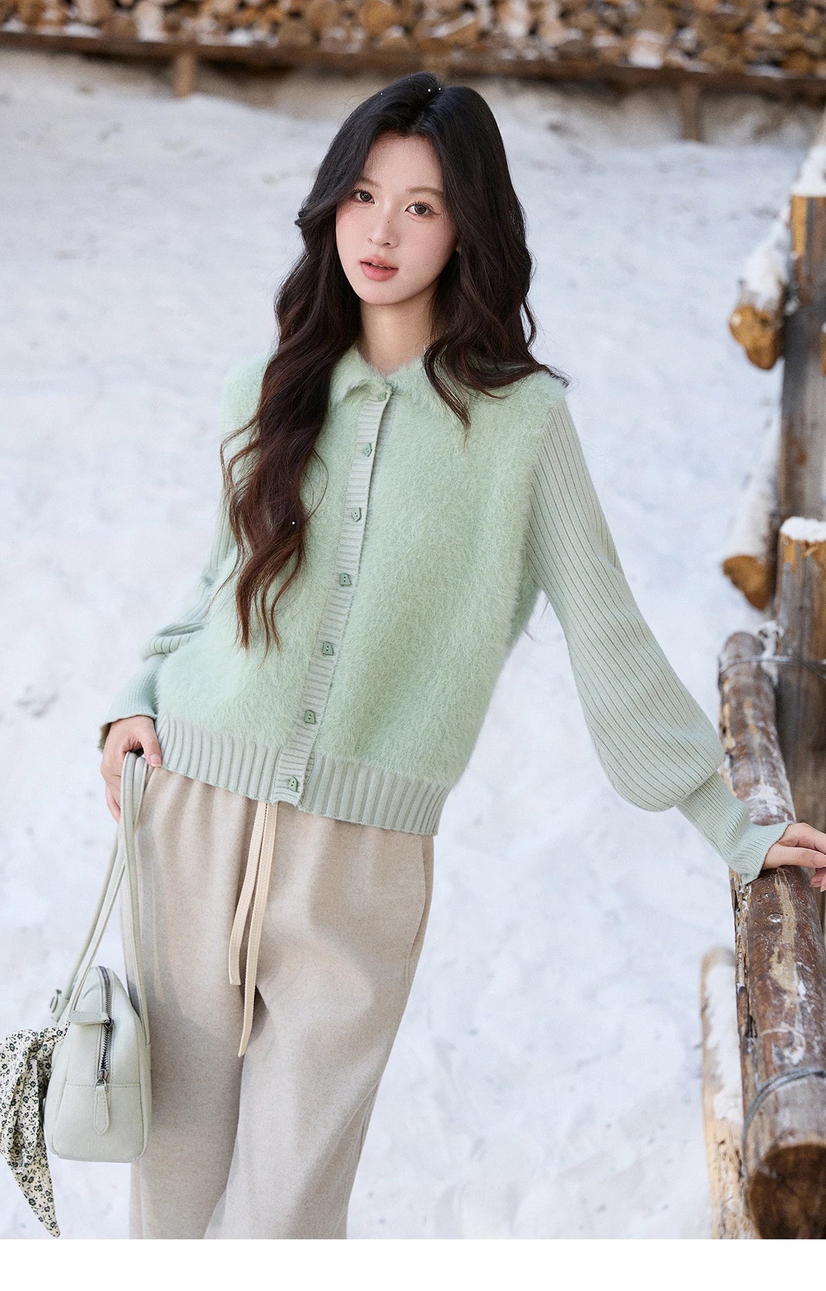 Mishow Green Faux Mink Fur Patchwork Lapel Cardigan MXE86Z2764