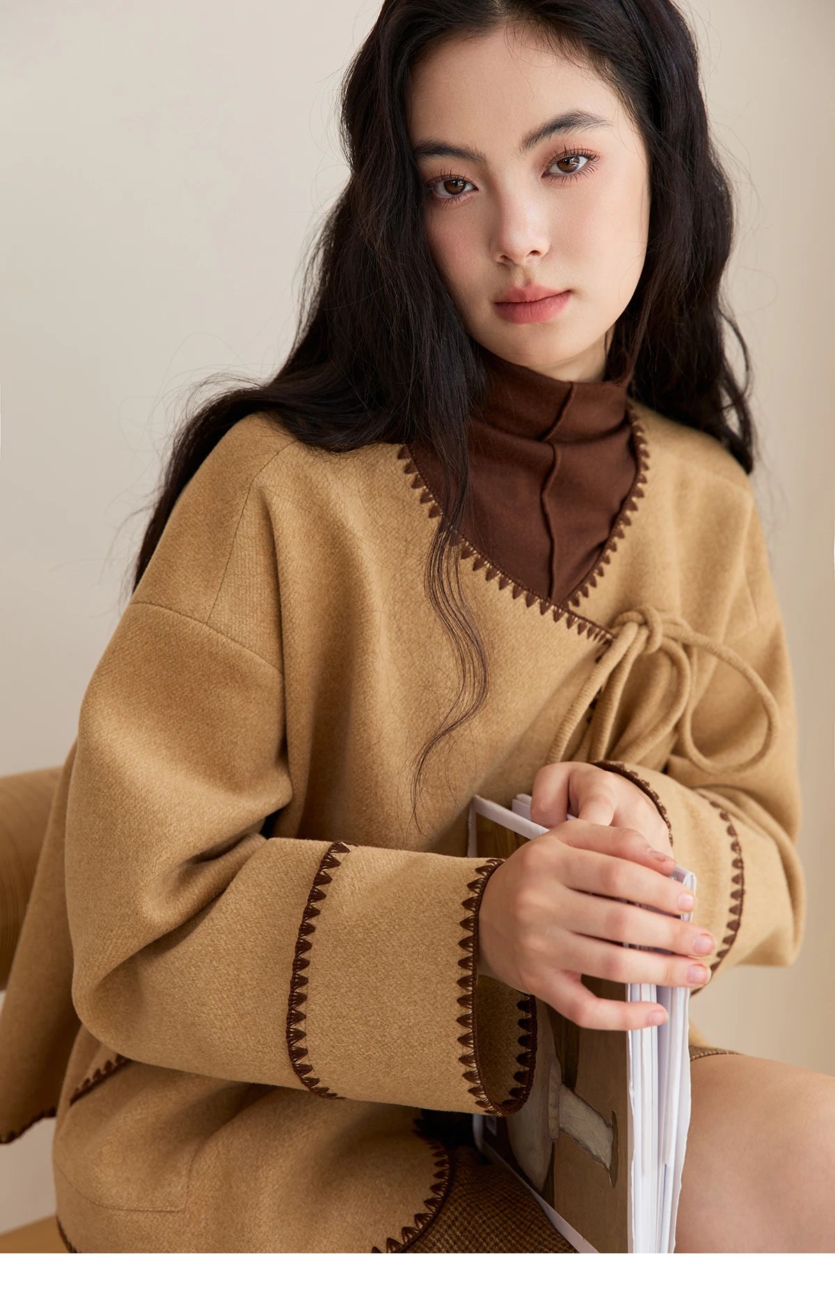 MISHOW Khaki Asymmetrical Coat Shell Flower Embroidery Lace-Up MXE49W0854
