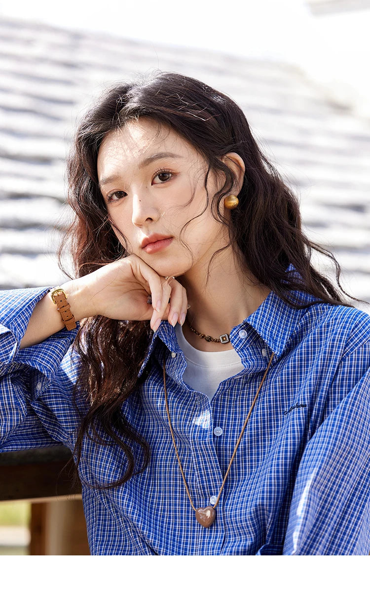 MISHOW Retro Blue Checkered Shirt Lapel Cotton Loose MXE11C0398