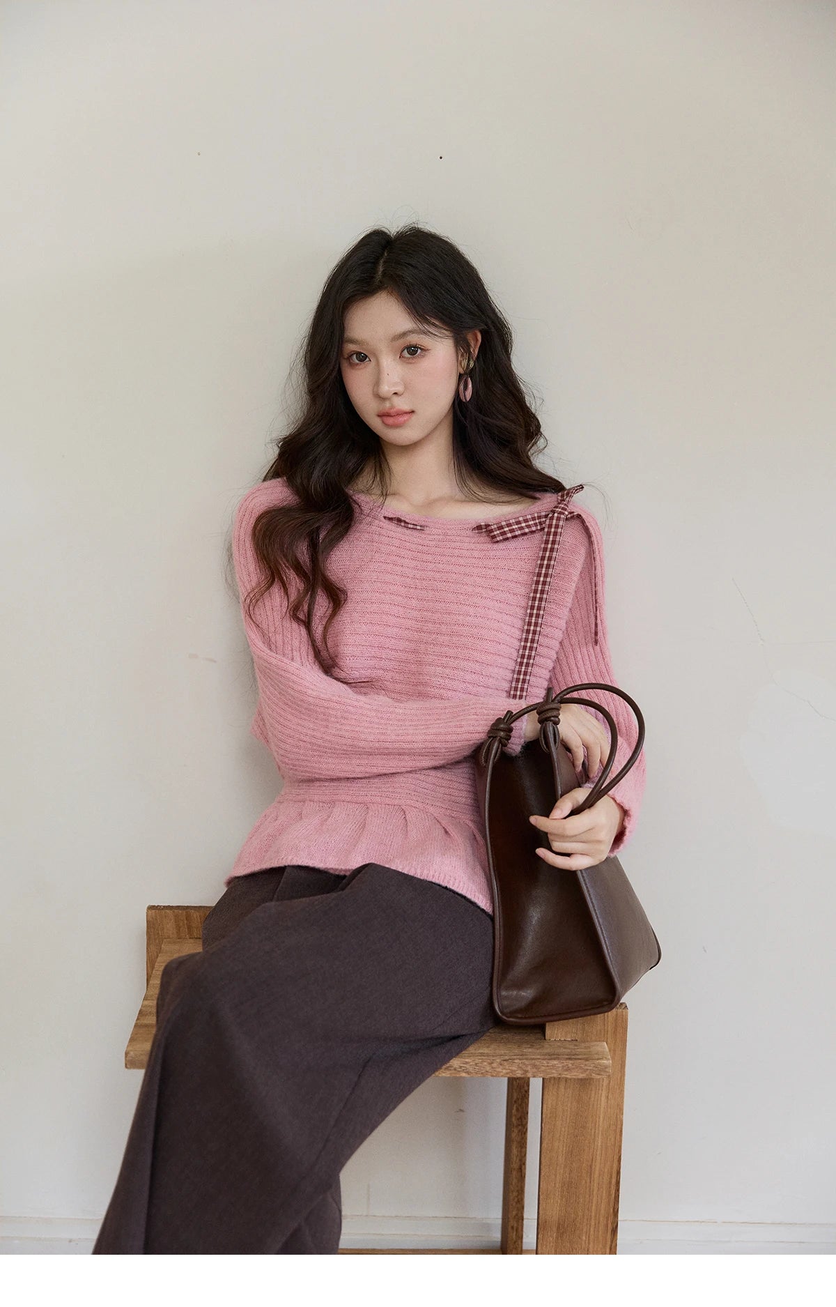Mishow Pink Plaid Bow Peplum Ribbed Sweater MXF11Z3016