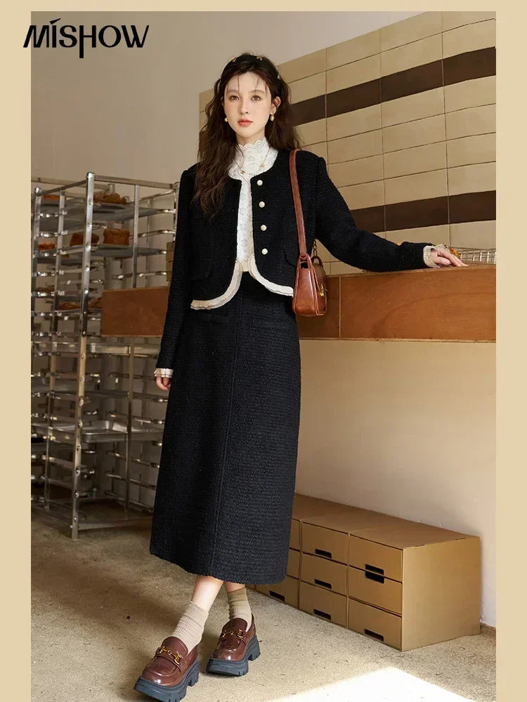 Mishow Wool Blend Short Coat & Rear Split A-Line Skirt Set MXC56W0162