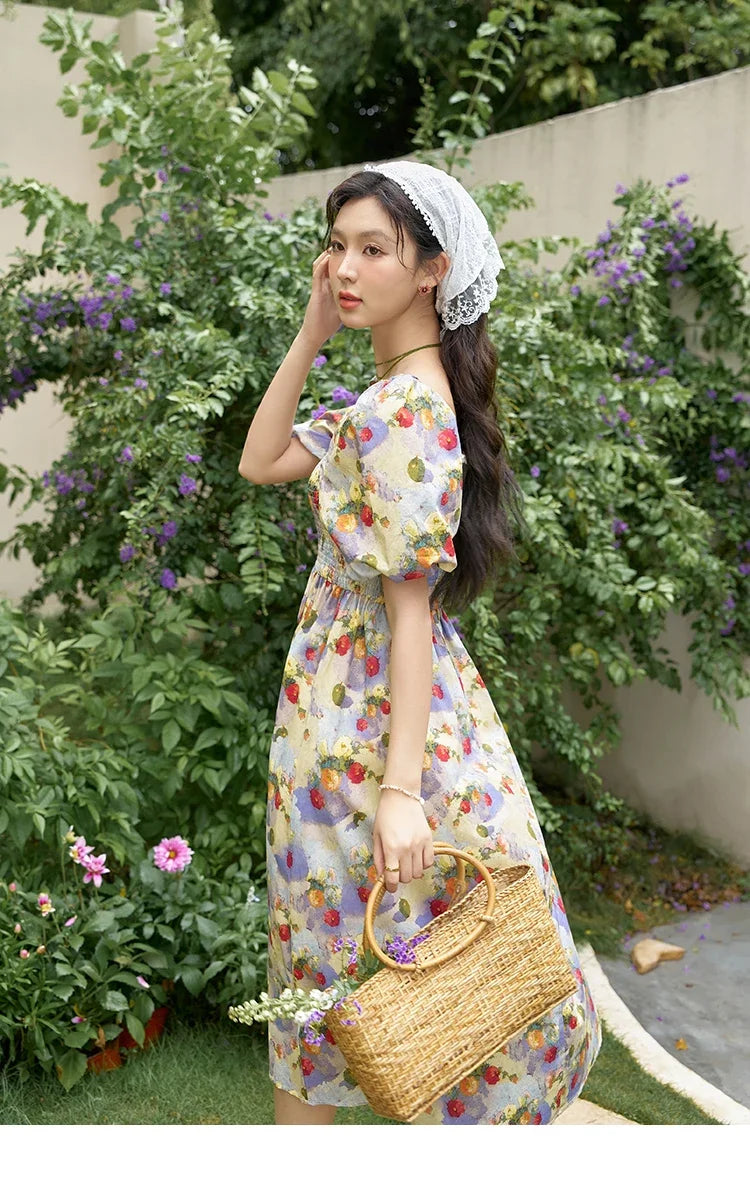 Mishow Floral Smocked Puff Sleeve Beach Dress MXD24L1905
