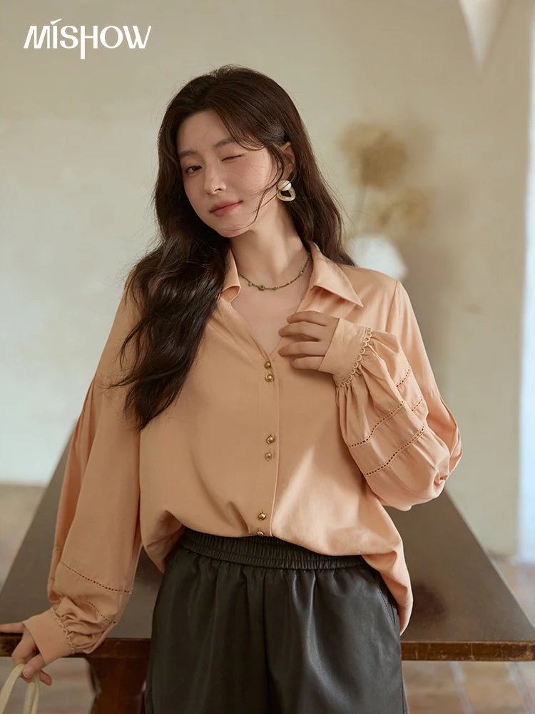 MISHOW Women's Lantern Sleeve Hollow Out Shirt Lapel Solid Top MXE41C2359