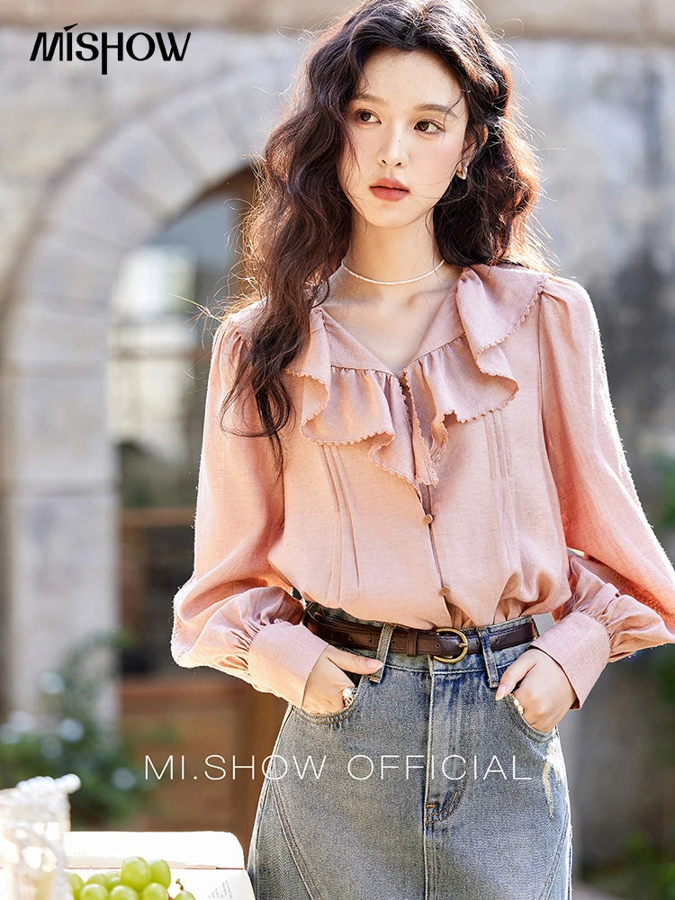 MISHOW Lotus Leaf Collar Shirt Bubble Sleeves Pink Chiffon MXE12X1702