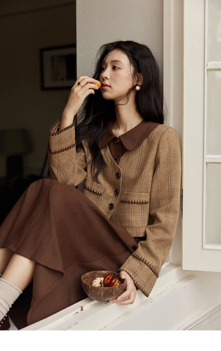 Mishow Plaid Tweed Jacket & Pleated Midi Skirt Set MXD46W0460