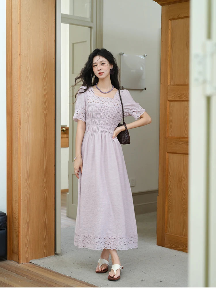 Mishow Purple Square Neck Puff Sleeve Lace Dress MXE39L2406