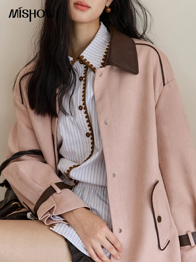 MISHOW Pink Mid-Length Jacket Turn-Down Collar Button Spliced MXE45W0845