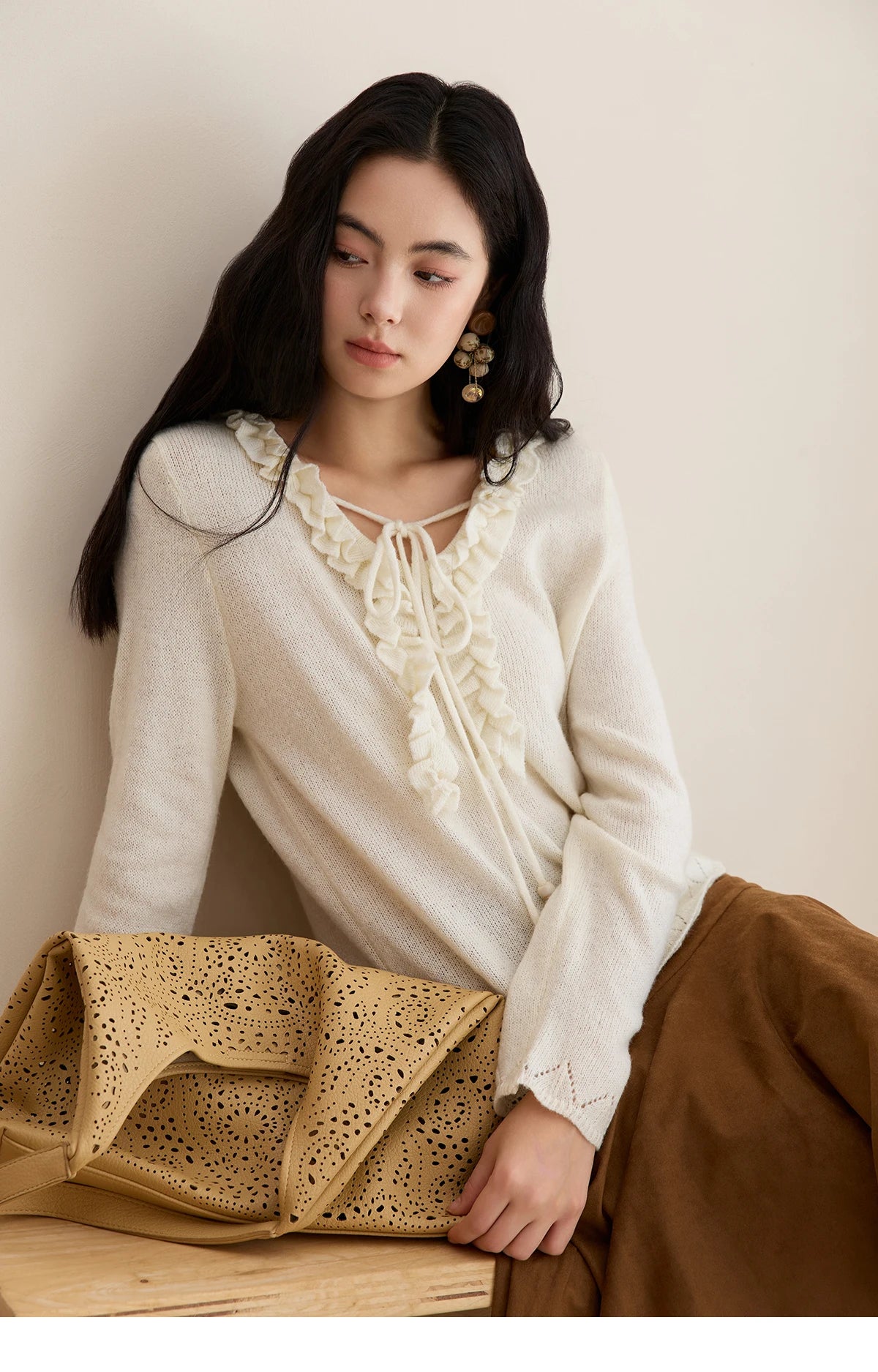 Mishow Beige V-Neck Wood Ear Hollow Sweater MXE51Z2595