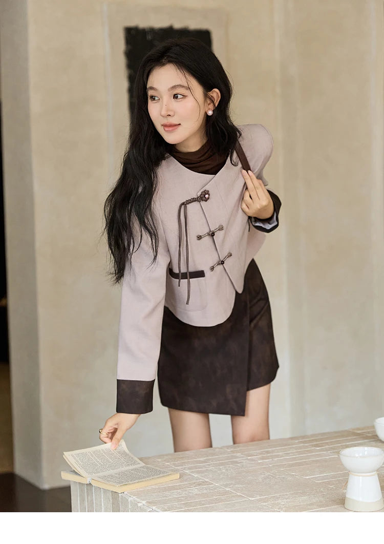 Mishow Taro Purple V-Neck Jacket & Asymmetric Mini Skirt Set MXD43W0417