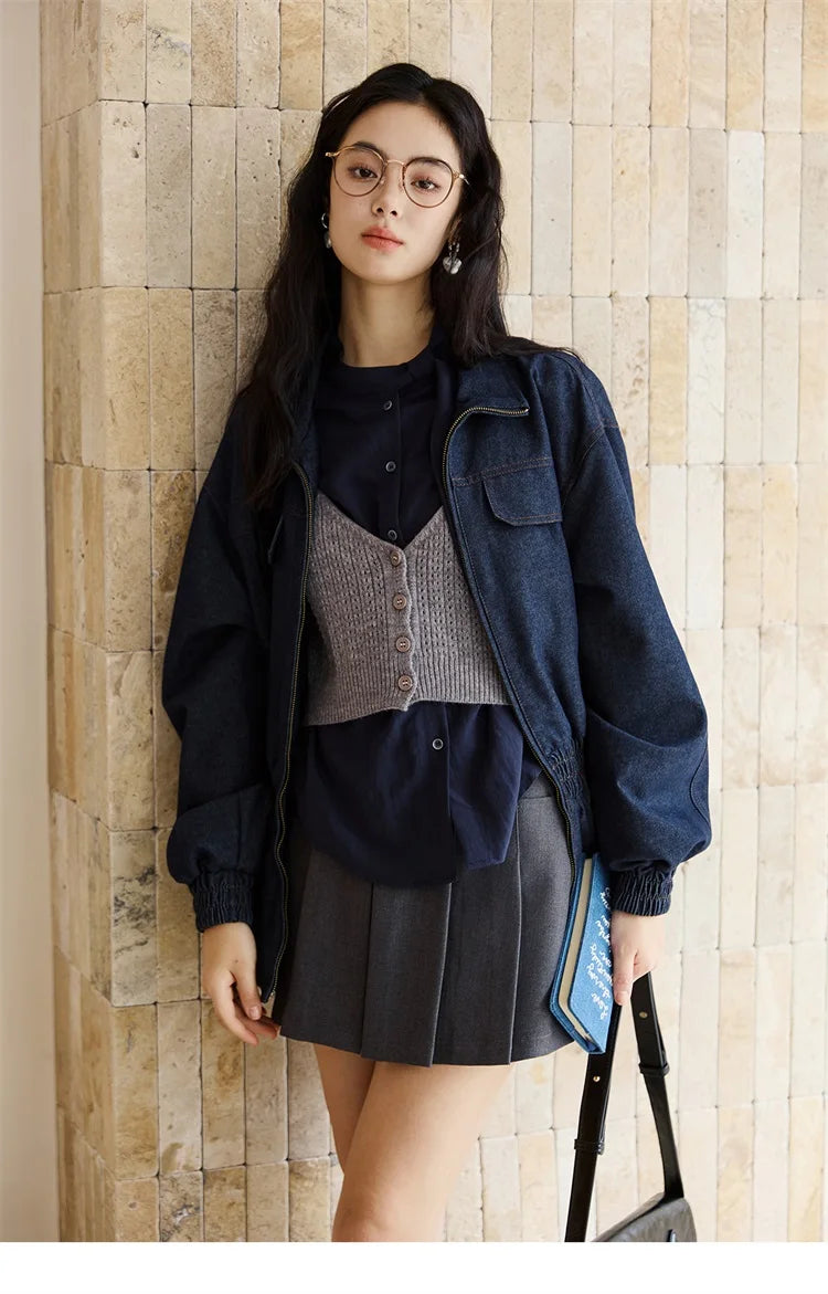 MISHOW Navy Ribbon Layered Shirt Knit Camisole Two-Piece Set MXE47T1412
