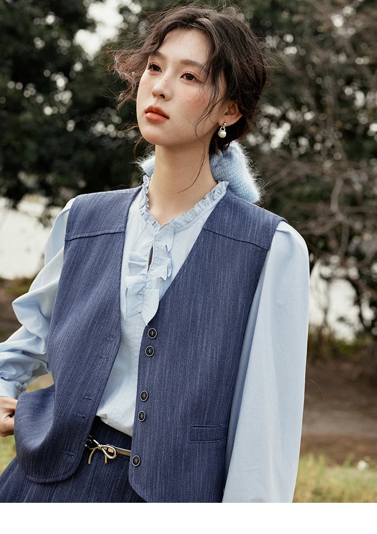 Mishow V-Neck Vest Coat & Pleated A-Line Skirt Set MXE31T0505