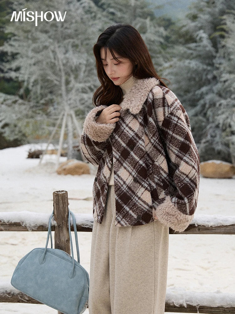 Mishow Retro Plaid Turn-Down Collar Wool Blend Jacket MXE89W0904