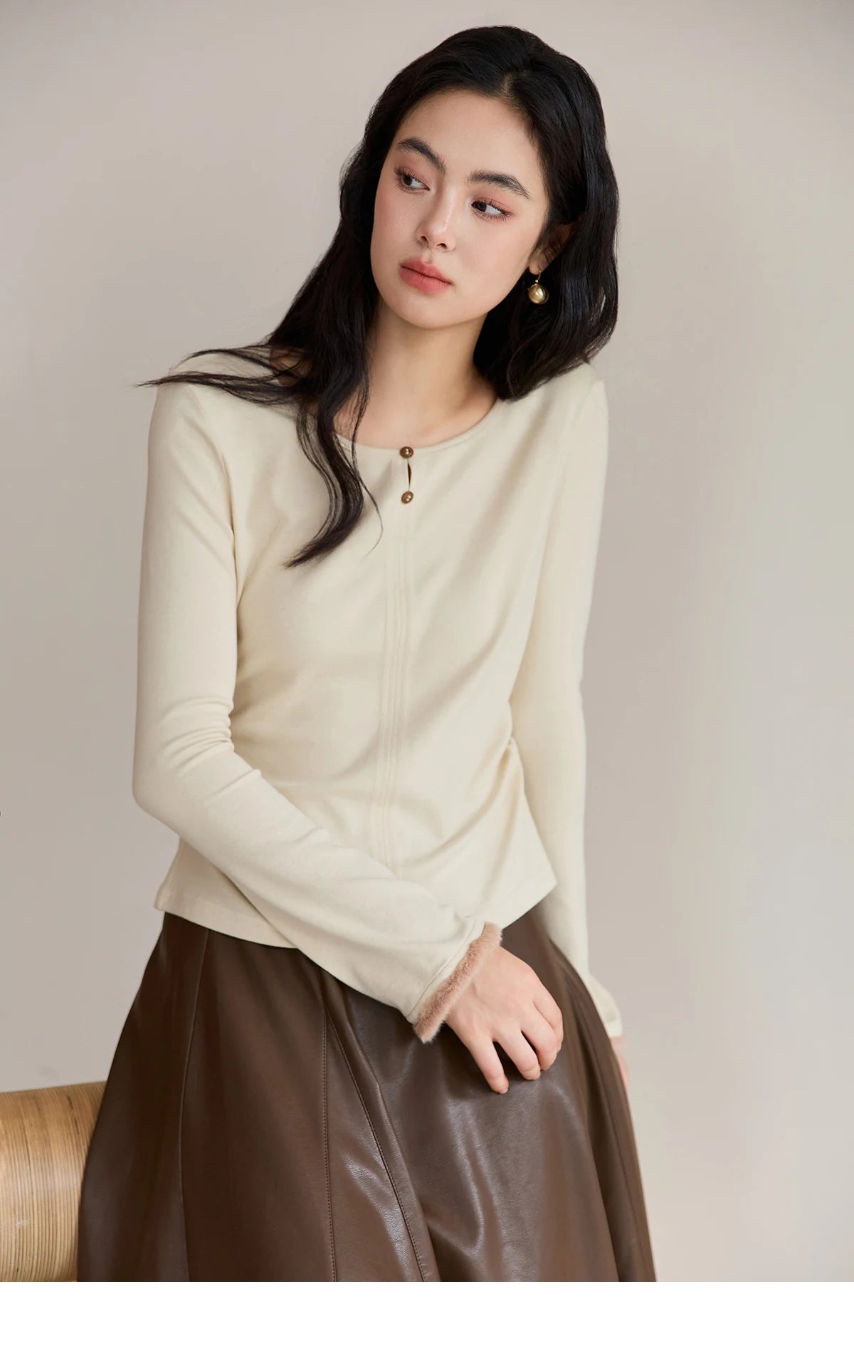 Mishow Apricot Brushed Knit Pleated Pullover MXE48Z2517