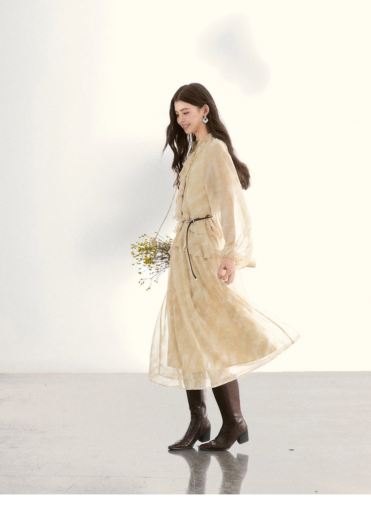 MISHOW Light Yellow Chiffon Maxi Dress V-Neck Ruffled Belted MXF11L2554