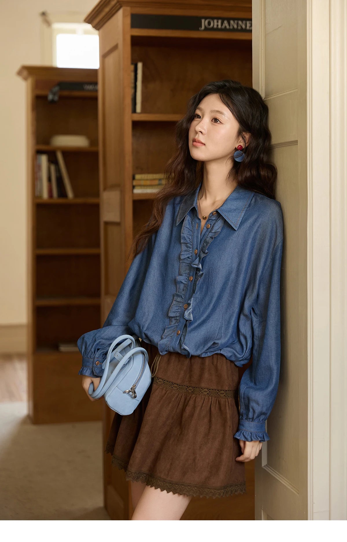 MISHOW Blue Lyocell Denim Shirt Ruffled Placket Waist Cinc MXE43C2386