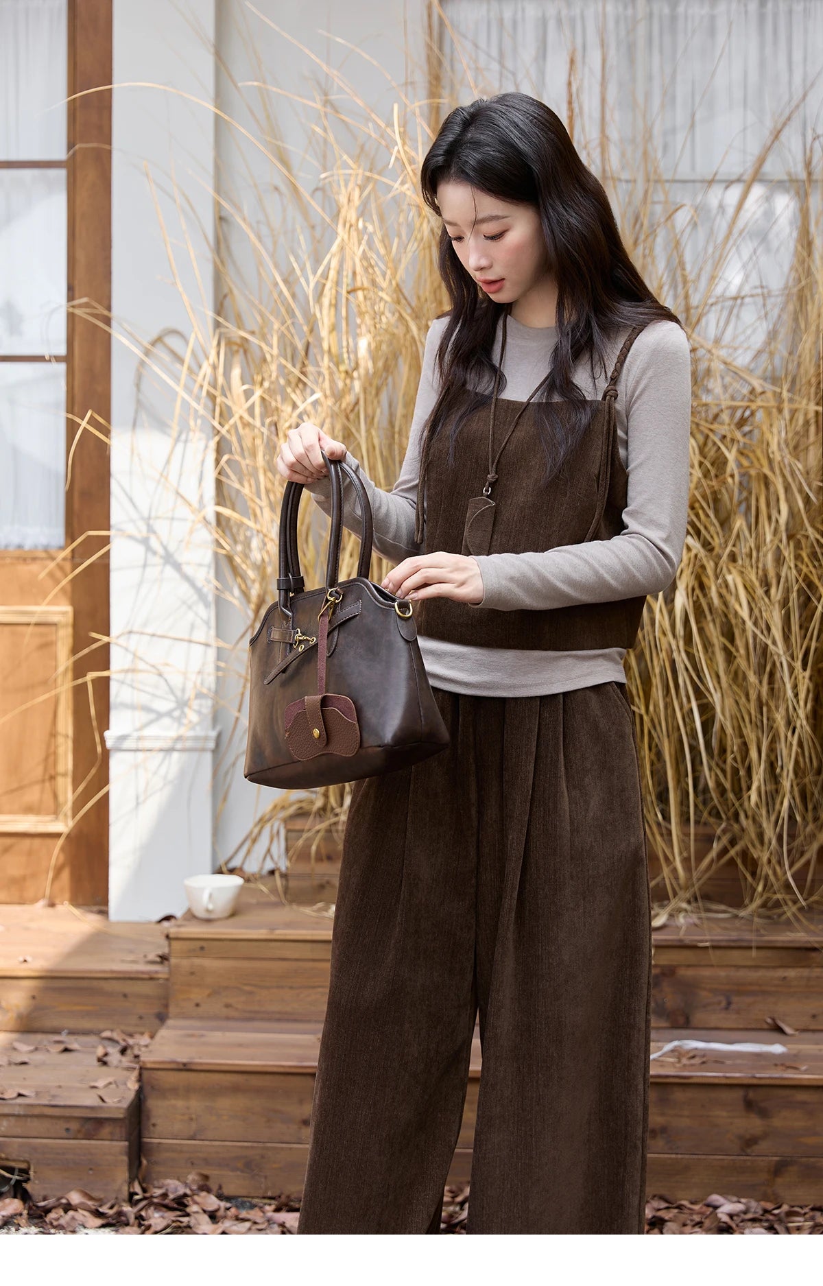 Mishow Brown Vest & Gray Top & Wide Leg Pants 3-Piece Set MXE49T1422