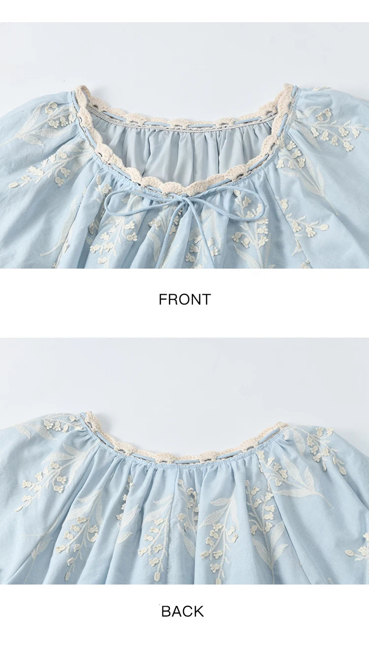 MISHOW Blue Cotton Embroidered Blouse Wave Edged O-Neck MXE35X1791
