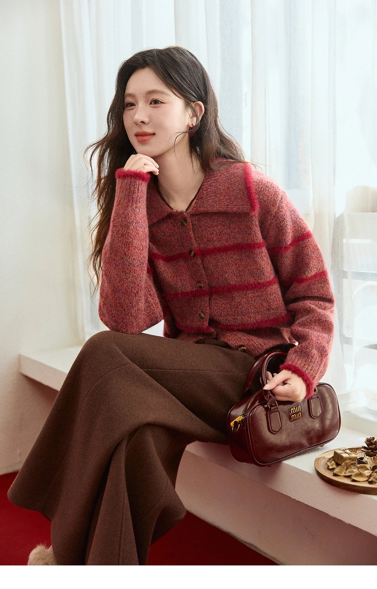 Mishow Red Striped Large Lapel Fleece Cardigan MXE94Z2888